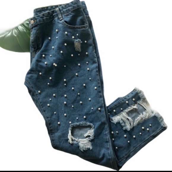 Yjnewprice blue distressed raw hem jeans size 3XL - Picture 2 of 8